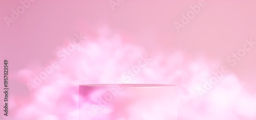 Round podium and white smoke on light pink background. Vector realistic illustration of empty cylinder platform for product presentation, cloud of white mist floating in air, dreamy stage backdrop