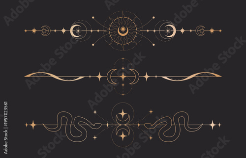 Frame designs set for magic tarot cards isolated on black background. Vector realistic illustration of vintage golden dividers with celestial moon, sun, snake icons, mystic ornaments, esoteric symbols