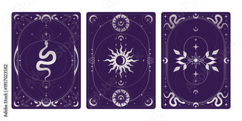 Magic tarot cards set, celestial moon and sun icons. Vector realistic illustration of mystic vintage cards with abstract floral border, snake and star ornament, esoteric symbols, astrology signs