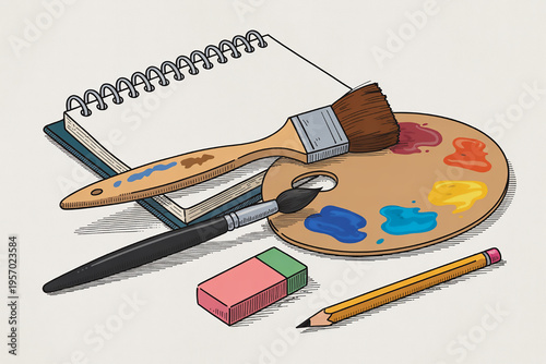 Art supplies including a sketchbook paint palette with colorful paints brushes pencil and eraser perfect for creative projects and artistic concepts