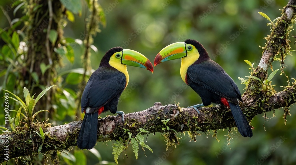 Fototapeta premium Kissing Toucans on Branch: Two vibrant toucans, with their characteristic colorful beaks, share an intimate moment on a lush branch, set against a background of rich forest greenery. 