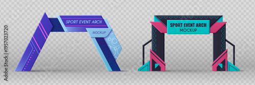 Sport event arch mockup set isolated on transparent background. Vector realistic illustration of color marathon gate with space for branding, start or finish banner design, welcome frame