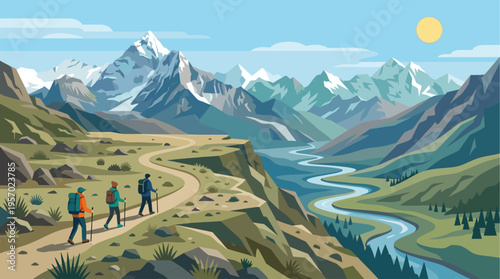 Three hikers with backpacks trek along a winding path through a majestic mountain landscape featuring a flowing river and snow-capped peaks under a clear blue sky.