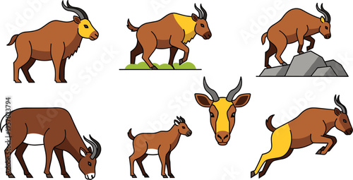Antelope Animal Character Set with Different Poses Running Walking Grazing Jumping and Head View Flat Cartoon Vector Illustration Collection