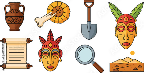 Archaeology and Ancient Culture Icon Set with Tribal Mask Scroll Pottery Fossil Shovel Desert and Exploration Tools Flat Vector Illustration