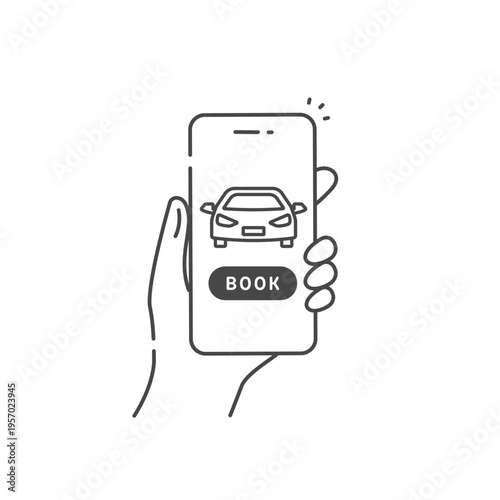 スマホでレンタカーやカーシェアの予約をする画面のベクターアイコン（線画・モノクロ）Editable Stroke