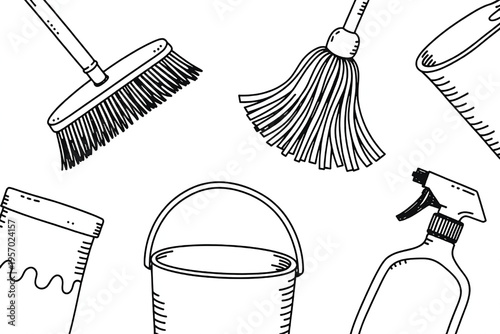 Collection of hand-drawn cleaning supplies including a broom mop bucket and spray bottle perfect for household chores and hygiene concepts