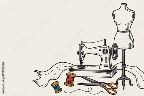 Vintage sewing machine with mannequin thread spools and scissors hand-drawn illustration for fashion design and tailoring concepts