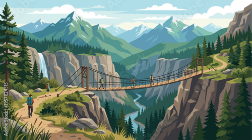 People hiking across a suspension bridge in a vast mountain landscape with a waterfall and river below, conveying adventure and exploration.