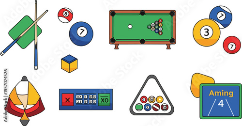 Billiards and Pool Game Icon Set with Table, Balls, Cue Stick, Rack Triangle, Scoreboard, Chalk, and Accessories for Sports, Recreation, and Leisure Design Projects