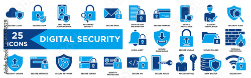 Digital Security Dual Tone Icon Set - Secure Cloud, Secure Login, Secure Email, Device Protection, Secure Payment.eps