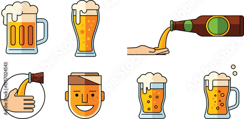 Beer and Brewing Icon Set with Glass Mug Bottle Pouring Foam and Beverage Elements Flat Vector Illustration Collection