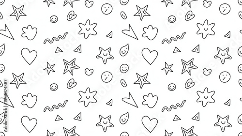 Cute hand-drawn doodle pattern with stars hearts and smiley faces perfect for childrens designs and playful backgrounds