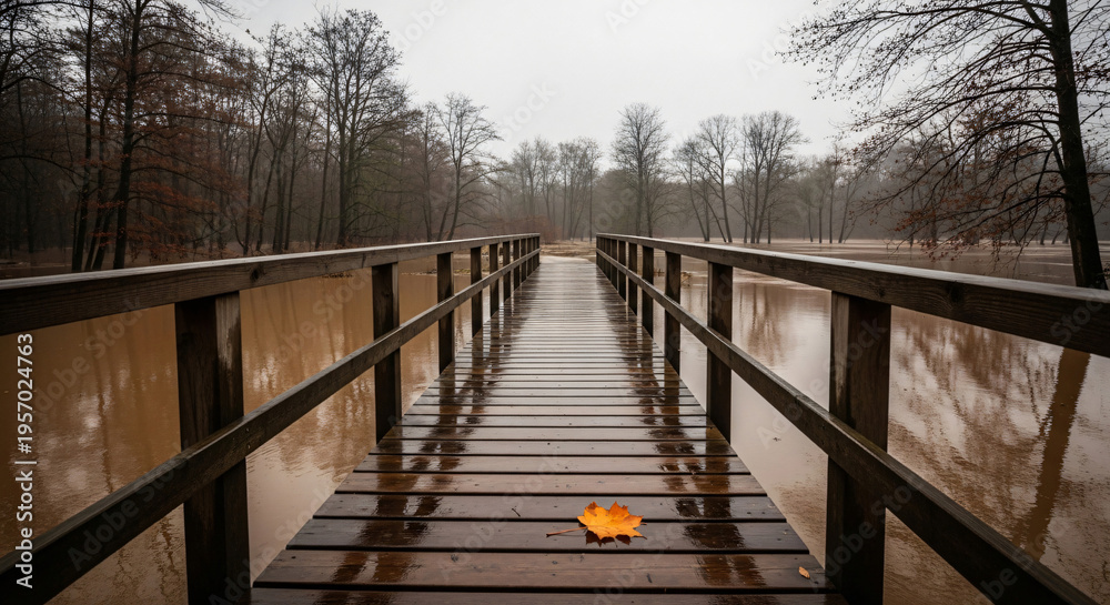 Fototapeta premium Wooden bridge over flooded area with single orange leaf in autumn 