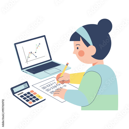 Young girl learning math, using calculator and laptop with graph, studying at desk
