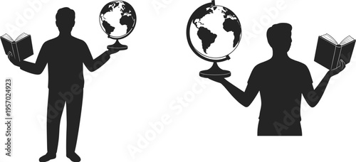 Black silhouettes of a man holding an open book and a world globe representing global education, geography learning, and knowledge.