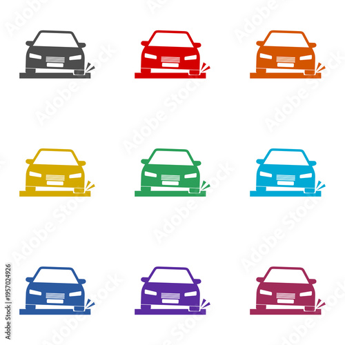 Pothole icon with a car icon isolated on white background. Set icons colorful