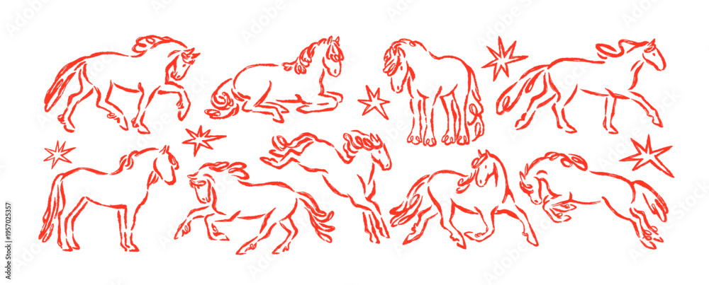Naklejka premium Horse sketches, doodle outline drawings set. Handdrawn foals, charcoal chalk line, contour style. Equine animals running, standing, jumping. Hand-drawn vector illustration isolated on white background