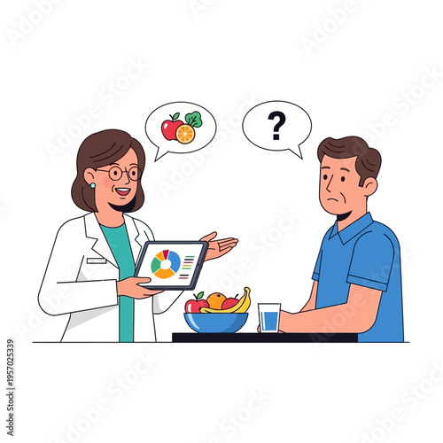 Dietitian consults patient on healthy eating with fruit and charts on tablet