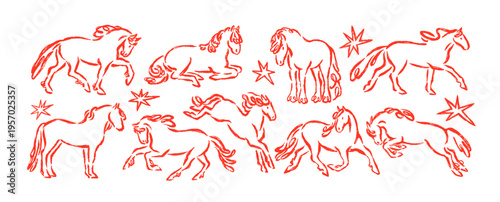 Horse sketches, doodle outline drawings set. Handdrawn foals, charcoal chalk line, contour style. Equine animals running, standing, jumping. Hand-drawn vector illustration isolated on white background