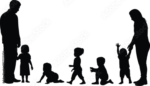 Black silhouettes of parents and children showing different stages of growth from crawling to walking on a white background vector.