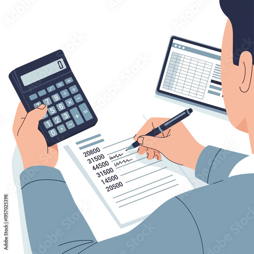 Accountant calculating financial data on paper with calculator and tablet