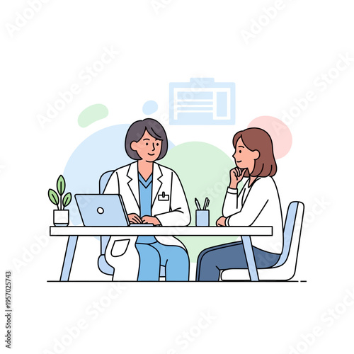 Doctor consulting patient in clinic office, medical consultation, healthcare concept