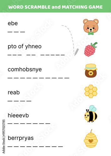 Word scramble and matching game with bear, honey, sweet. English words. Sort letters into correct order. Cartoon, Isolated vector illustration eps 10
