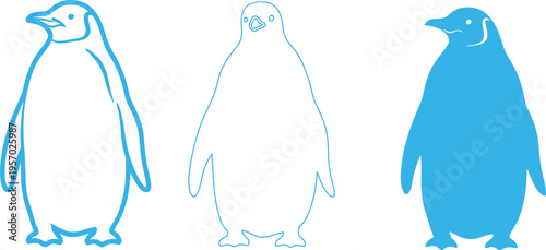 Three blue penguin outlines in various shades