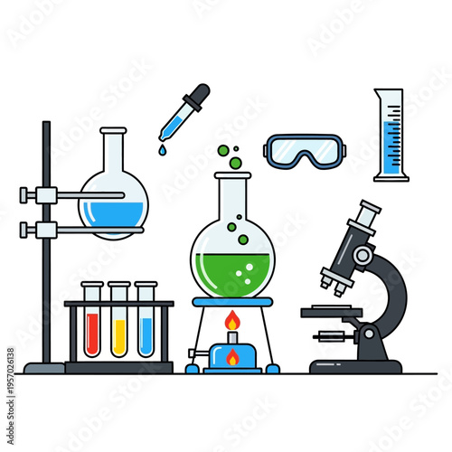 Laboratory Equipment: Beakers, Test Tubes, Microscope, Bunsen Burner, Safety Goggles