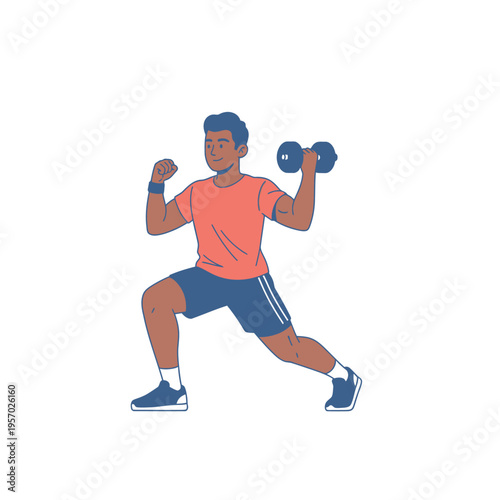 Man doing dumbbell lunges, fitness workout, exercise, healthy lifestyle, isolated on white
