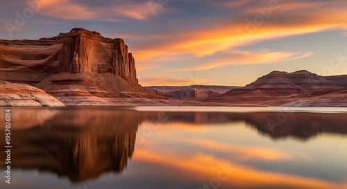 Sunset over lake powel with orange and blue sky