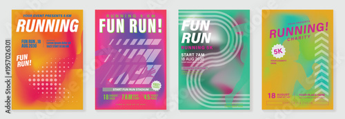Sport event and fun run poster set vector with bright neon colors, geometric stripes, runner silhouettes, and bold typography. Dynamic advertising design for race promotion, charity events.