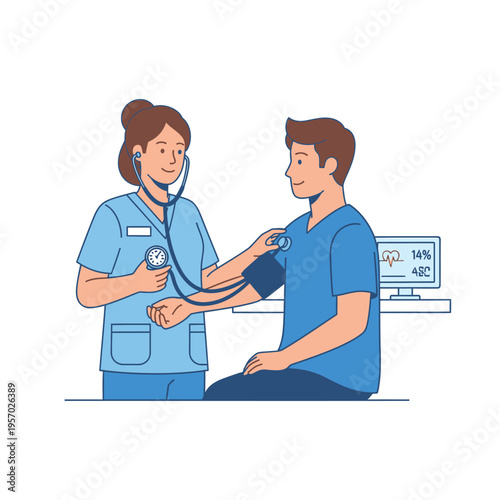 Nurse taking patient's blood pressure with stethoscope and sphygmomanometer in clinic