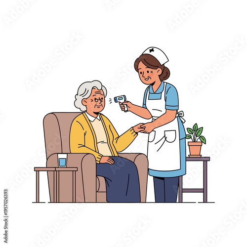 Nurse checking elderly woman's temperature with digital thermometer at home