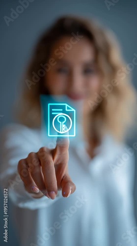 Young Woman Touching Glowing Digital Key and Document Icon for Data Encryption, Privacy Access, and Cyber Security Concept