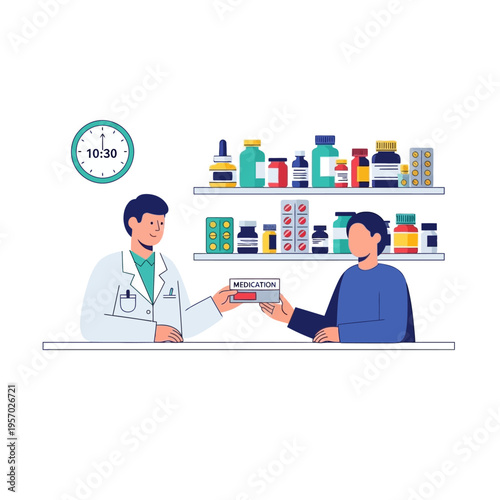 Pharmacist giving medication box to customer in pharmacy with shelves of drugs