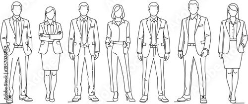 Business people line art characters, corporate team standing poses, professional men women office staff outline vector illustration collection set