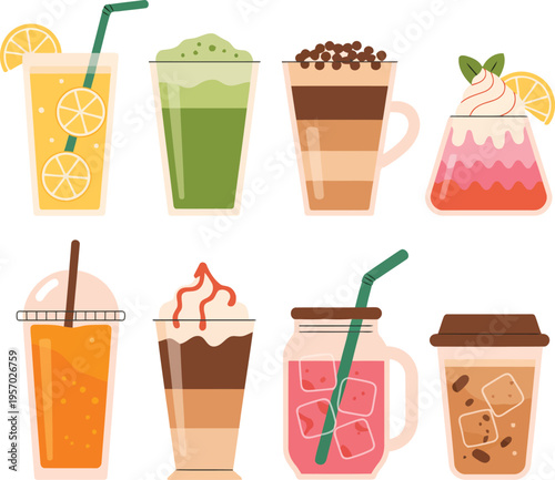 A collection of eight different types of drinks