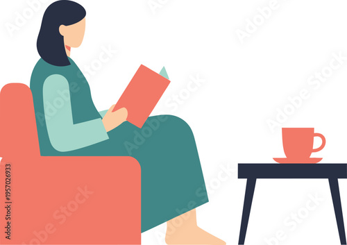 Peaceful moment of a woman enjoying quiet time at home, relaxing on a cozy couch while immersed in a good book with a comforting hot beverage nearby
