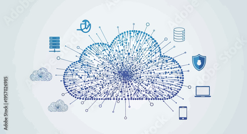 Abstract Cloud Computing Network Architecture with Digital Icons