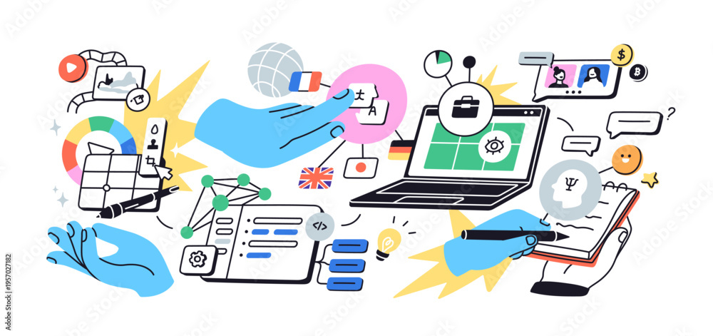 Naklejka premium E-learning, digital education concept. Virtual distant classes, courses, elearning. Remote training, online study, web technology with laptop. Flat vector illustration isolated on white background