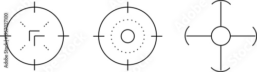 Target sight for sniper, aiming scope design. Hunting gun viewfinder with crosshair. Crosshair gun sight icons set. Bullseye, target or aim symbol. Shooting mark. Military target sign. Game UI.