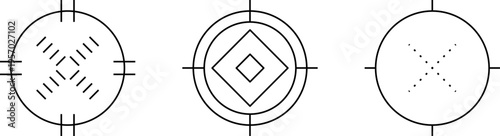 Target sight for sniper, aiming scope design. Hunting gun viewfinder with crosshair. Crosshair gun sight icons set. Bullseye, target or aim symbol. Shooting mark. Military target sign. Game UI.