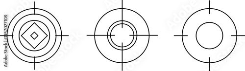 Target sight for sniper, aiming scope design. Hunting gun viewfinder with crosshair. Crosshair gun sight icons set. Bullseye, target or aim symbol. Shooting mark. Military target sign. Game UI.
