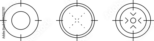 Target sight for sniper, aiming scope design. Hunting gun viewfinder with crosshair. Crosshair gun sight icons set. Bullseye, target or aim symbol. Shooting mark. Military target sign. Game UI.