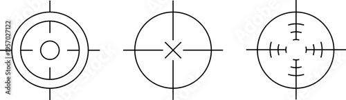 Target sight for sniper, aiming scope design. Hunting gun viewfinder with crosshair. Crosshair gun sight icons set. Bullseye, target or aim symbol. Shooting mark. Military target sign. Game UI.