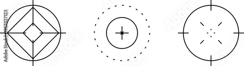 Target sight for sniper, aiming scope design. Hunting gun viewfinder with crosshair. Crosshair gun sight icons set. Bullseye, target or aim symbol. Shooting mark. Military target sign. Game UI.