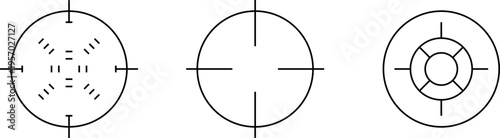 Target sight for sniper, aiming scope design. Hunting gun viewfinder with crosshair. Crosshair gun sight icons set. Bullseye, target or aim symbol. Shooting mark. Military target sign. Game UI.