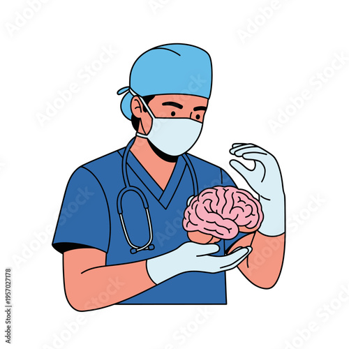 Surgeon Holding Human Brain Model, Medical Healthcare Concept Illustration